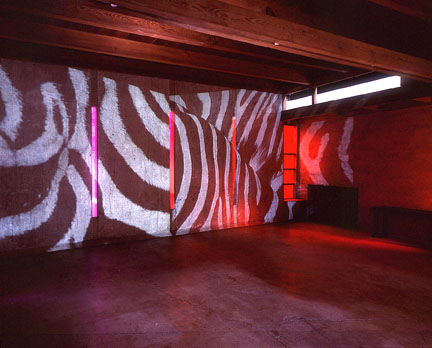 The best animals are the flat animals, version 2 , 1998 Two (2) video projectors, one (1) video monitor, two (2) media players, Lee Filters, existing architecture Installation View, MAK Center for the Art + Architecture, Los Angeles, CA, 1998